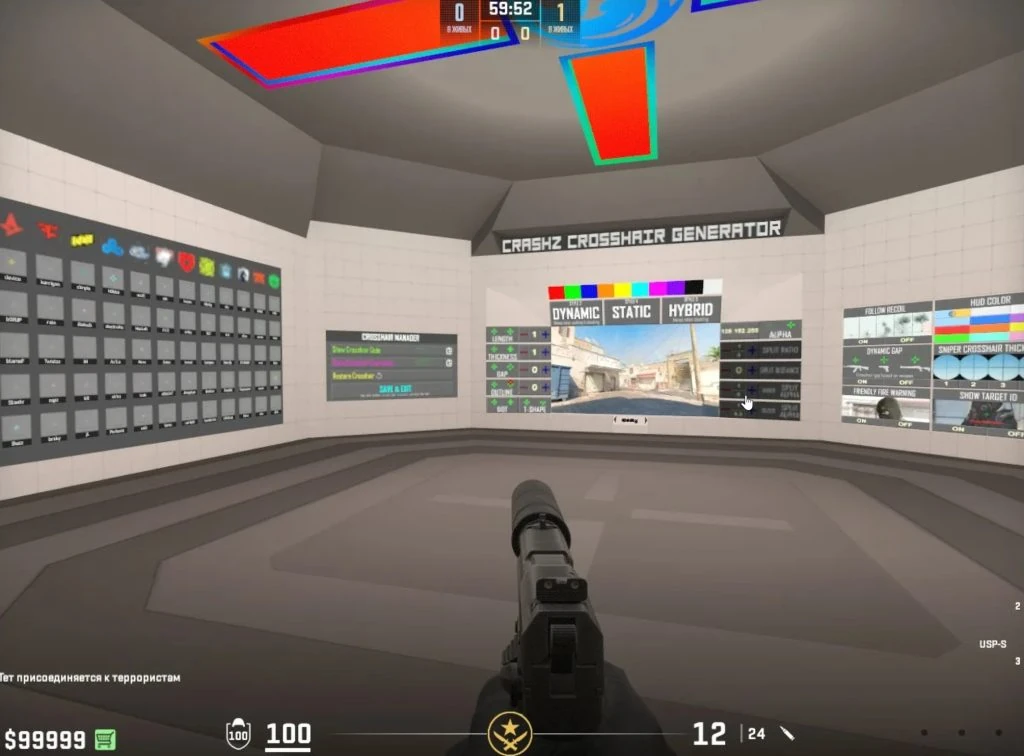 Настройка тряски на карте Crashz' Viewmodel Generator.Alt: Игровой процесс на карте Crashz Viewmodel Generator в CS 2, где игрок выстрелом по интерактивной кнопке